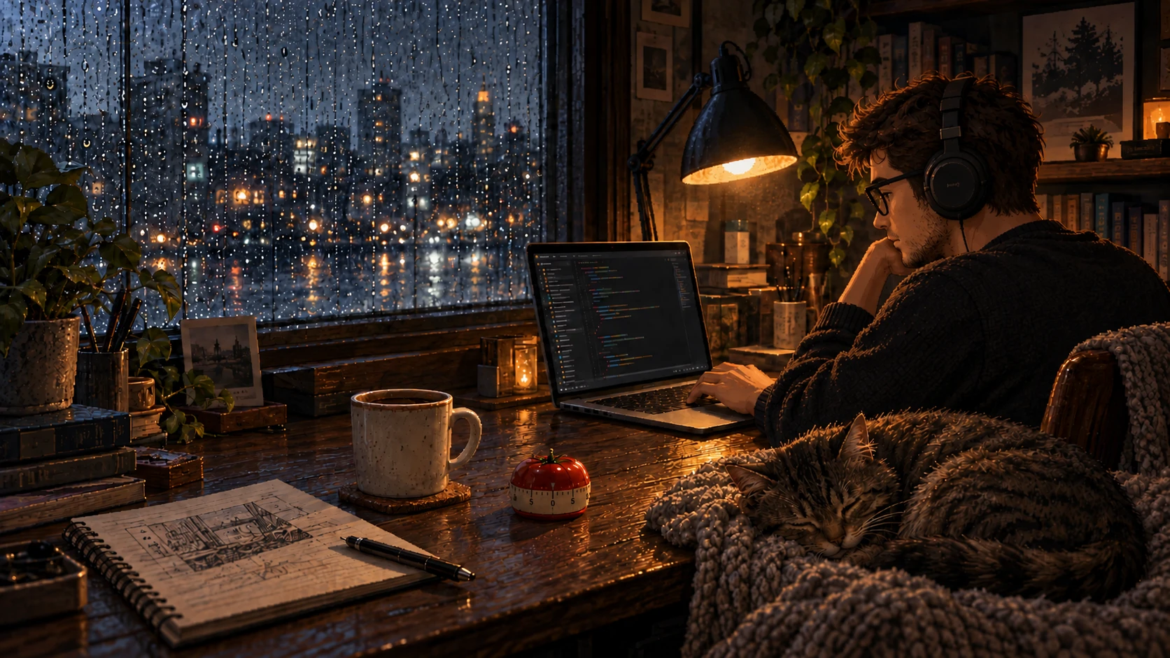 Nico wearing glasses and headphones at a warm wooden desk beside a rainy city window. A cat sleeps nearby, with a small tomato timer, coffee and books on the desk.